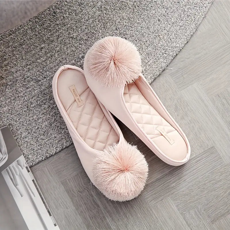 Women’s Velvet Pom-Pom Satin Slippers - Solid Color, Slip-On, All-Season Comfort, Machine Washable