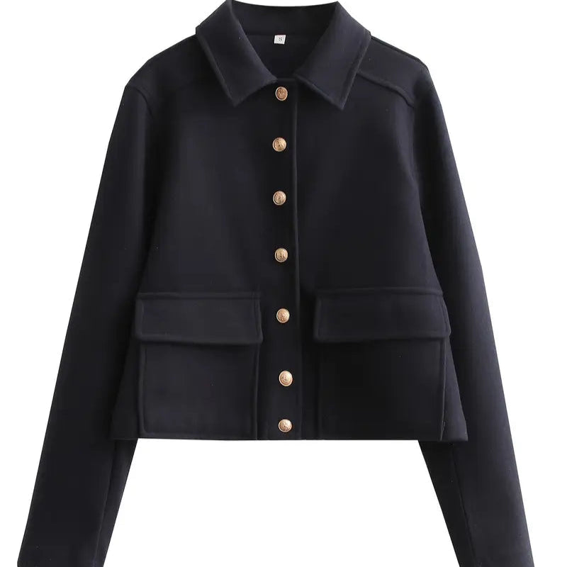 Vintage French Style Button-Up Short Jacket with Large Pockets for Women - Seasonal Outerwear