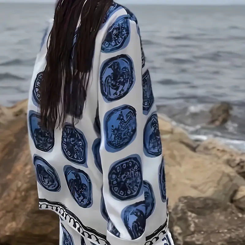 Blue Abstract Print Two-Piece Pants Set – Fashionable and Chic Women’s Outfit