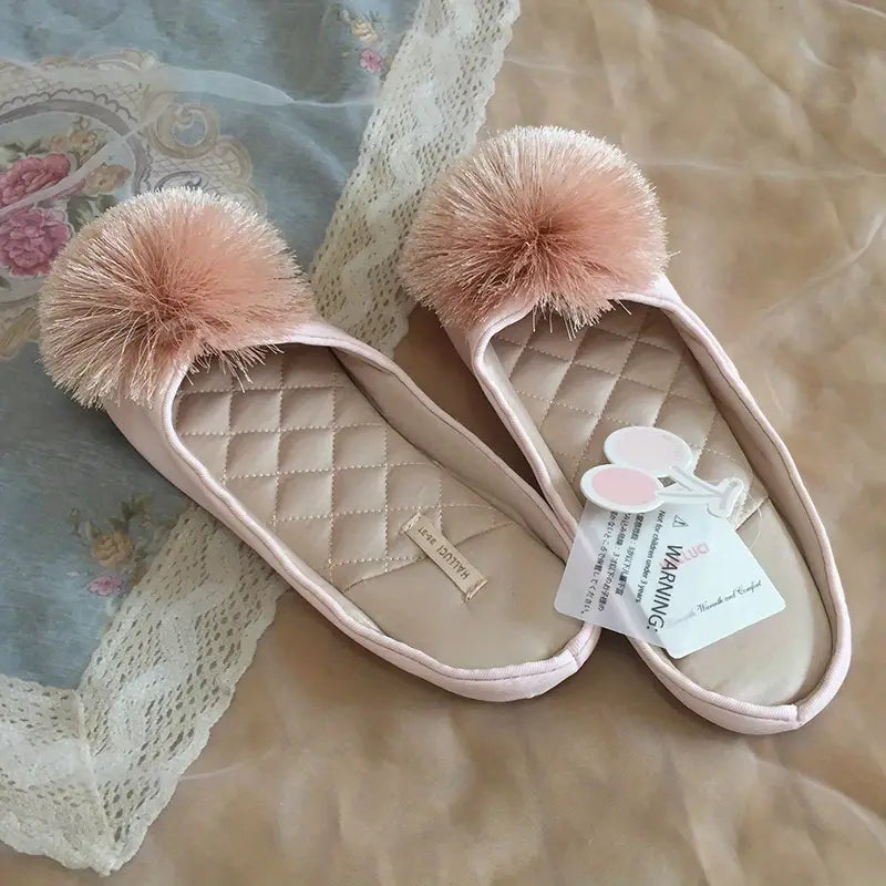 Women’s Velvet Pom-Pom Satin Slippers - Solid Color, Slip-On, All-Season Comfort, Machine Washable