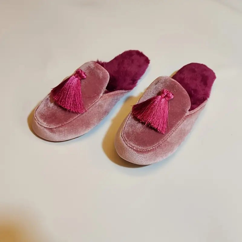 Honey Girl Princess Style Velvet House Slippers with Hand-Stitched Tassel – Cozy Winter Indoor Footwear