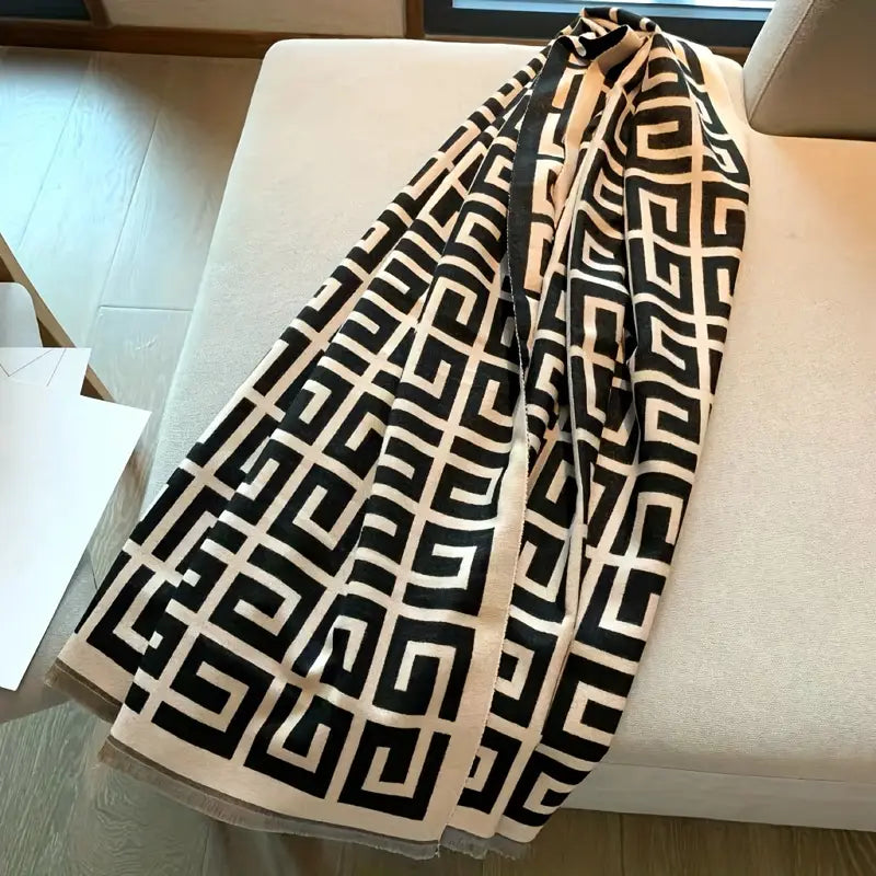 Elegant Black & White Geometric Printed Scarf – Lightweight Polyester Cape with UV Protection for Women