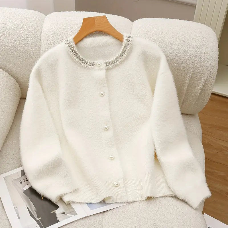 Elegant Pearl Chain Knit Cardigan for Women - Viscose Blend Crew Neck Sweater with Rhinestone Detail