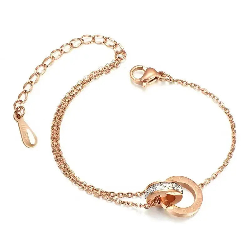 18K Golden Plated Double-Ring Snake Chain Bracelet with Rhinestone Detail – Elegant Women's Jewelry