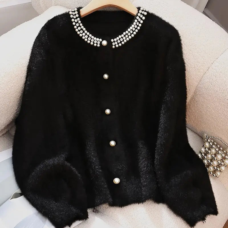 Elegant Pearl Chain Knit Cardigan for Women - Viscose Blend Crew Neck Sweater with Rhinestone Detail