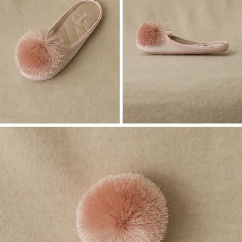 Women’s Velvet Pom-Pom Satin Slippers - Solid Color, Slip-On, All-Season Comfort, Machine Washable