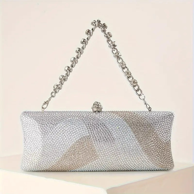 Sparkling Rhinestone Petite Clutch - Evening Bag with Detachable Wrist Strap and Long Chain