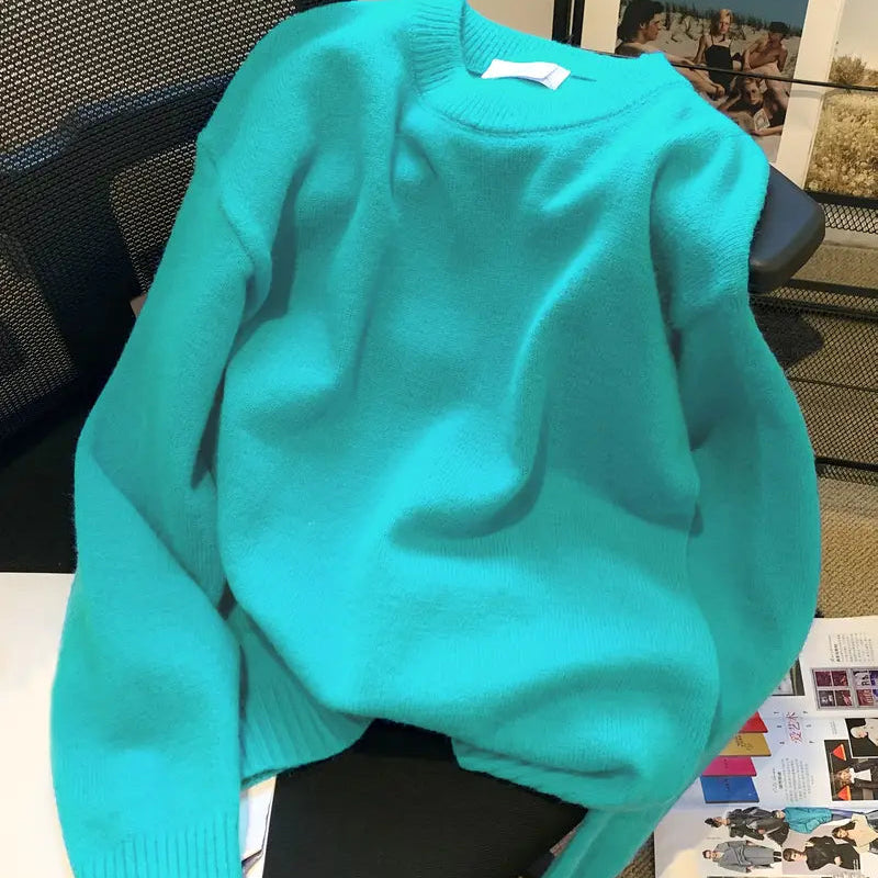 Solid Color Crew Neck Sweater for Women - Casual Long Sleeve Fall Winter Knit Top