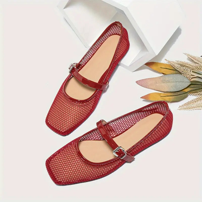 Women’s Mesh Ballet Flats - Breathable Square Toe Casual Sandals with Soft Sole for Everyday Wear