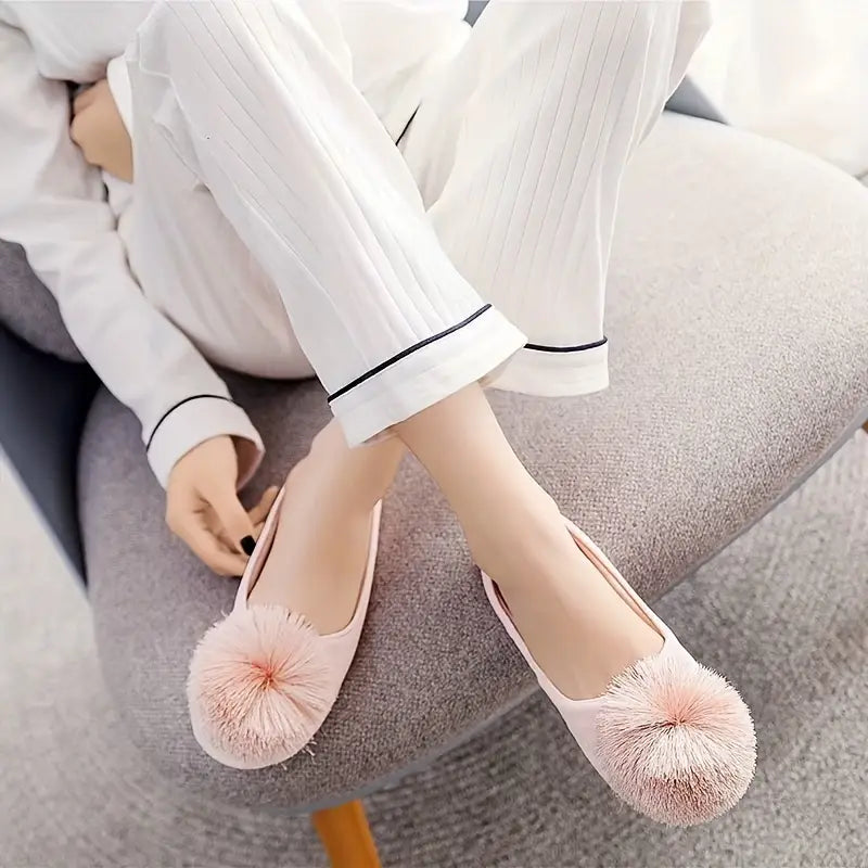 Women’s Velvet Pom-Pom Satin Slippers - Solid Color, Slip-On, All-Season Comfort, Machine Washable