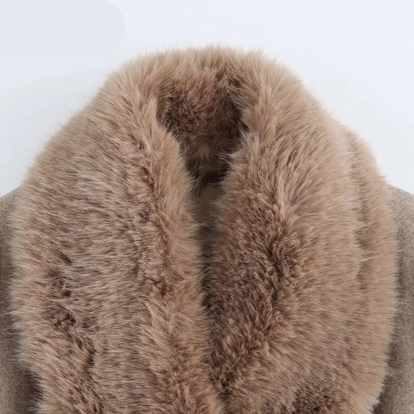 Elegant Wool Blend Long Coat - Faux Fur Collar, Belted French Chic Winter Overcoat for Women 2024