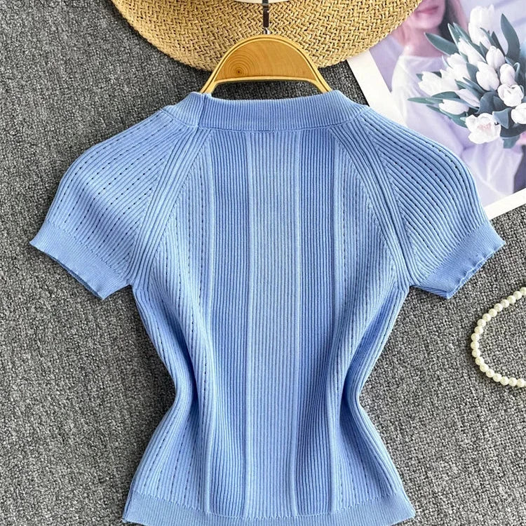 Knitted Gold Button Top for Women