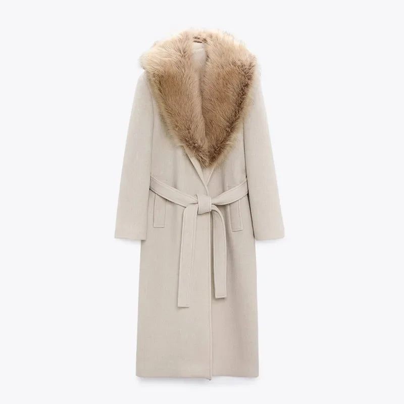 Elegant Fur Lapel Wool Maxi Coat for Women
