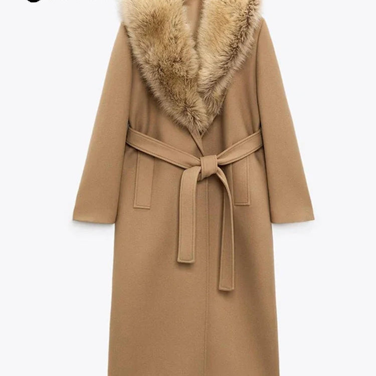 Elegant Fur Lapel Wool Maxi Coat for Women