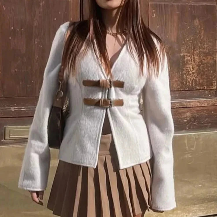 Woolen Buckle V-Neck Coat