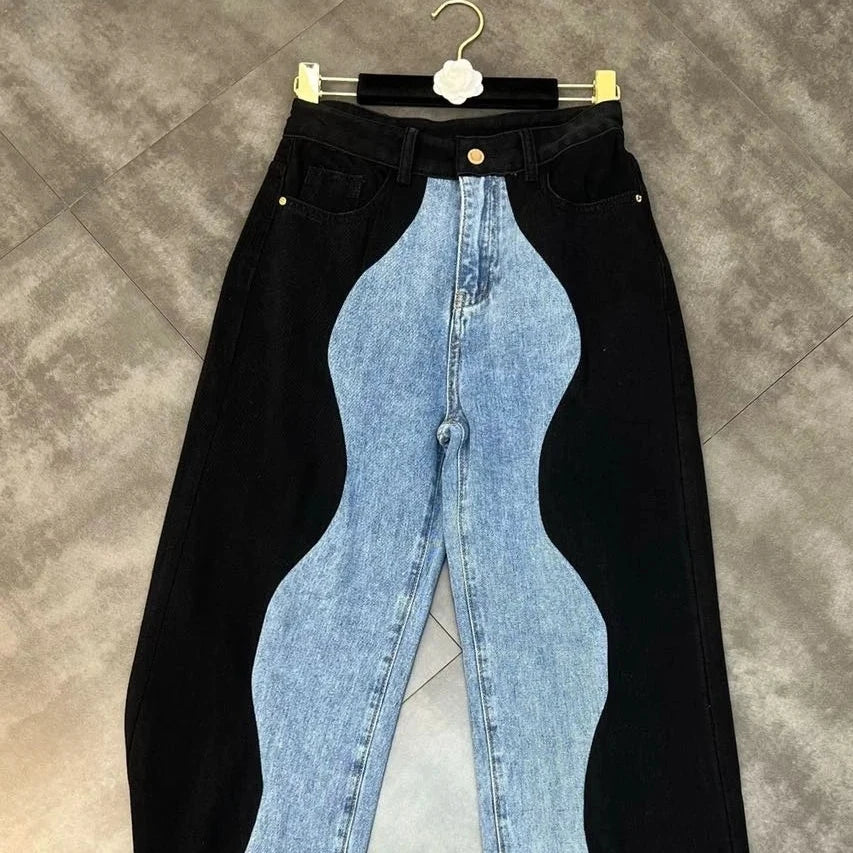 Blue Denim Patchwork Pants - Trendy Women’s Casual Jeans with Unique Vintage Patchwork Design