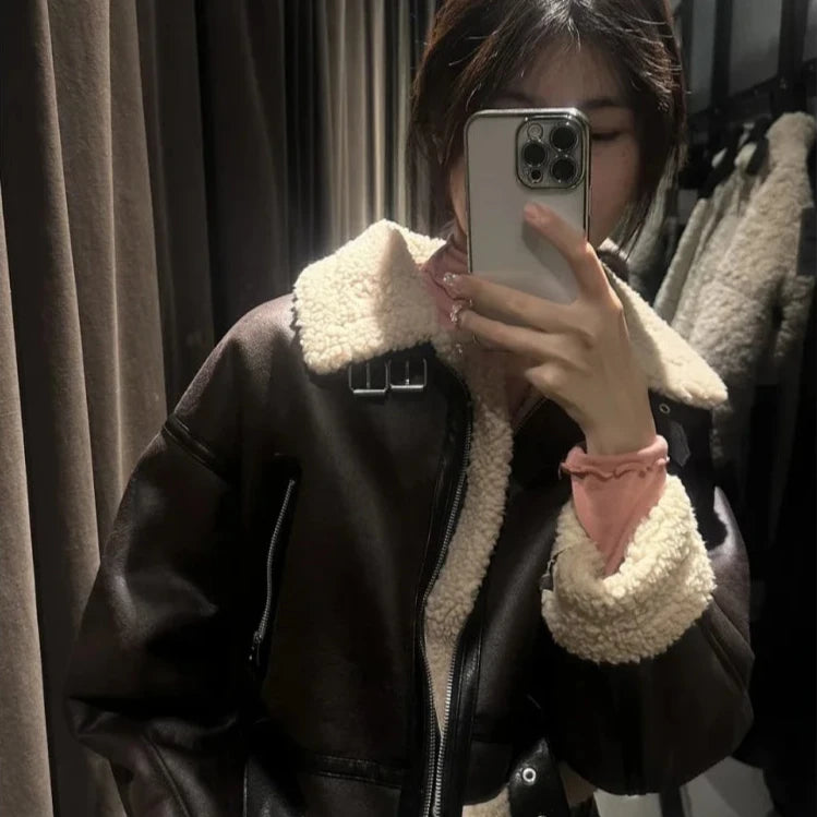 Womens Faux Sheepskin Bomber