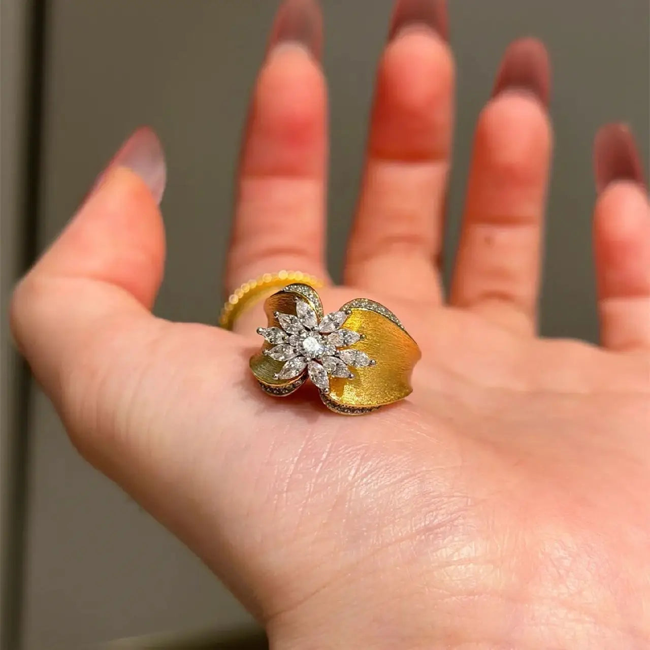 French Style Gold Zircon Ring - Retro Wire Craft Jewelry with Inlaid White Zircon, Gold Finish for Women
