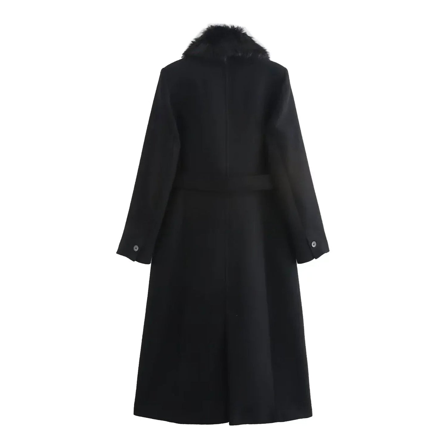 Elegant Wool Blend Long Coat - Faux Fur Collar, Belted French Chic Winter Overcoat for Women 2024