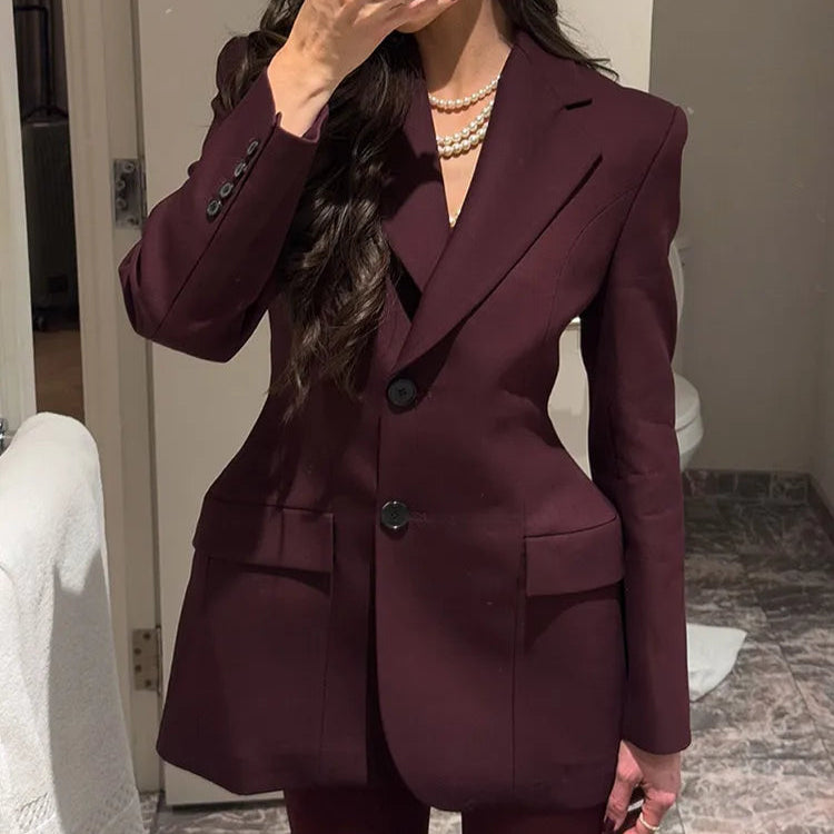 Burgundy Lapel Suit Jacket - Elegant Women’s Formal Blazer Jacket for Professional and Stylish Looks