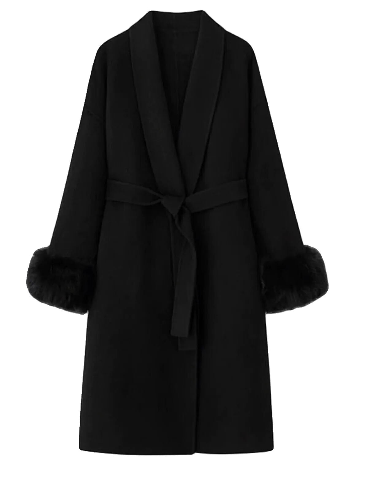 Elegant Women’s Woolen Coat with Belt and Fur Patchwork - European Style Winter Outerwear