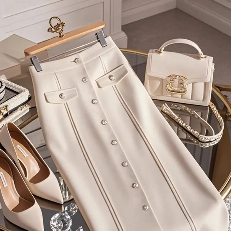 Autumn Solid Color Slim Skirt - High Waist Button Detail Patchwork Skirt for Women’s Office or Winter Style