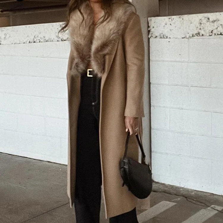 Elegant Fur Lapel Wool Maxi Coat for Women