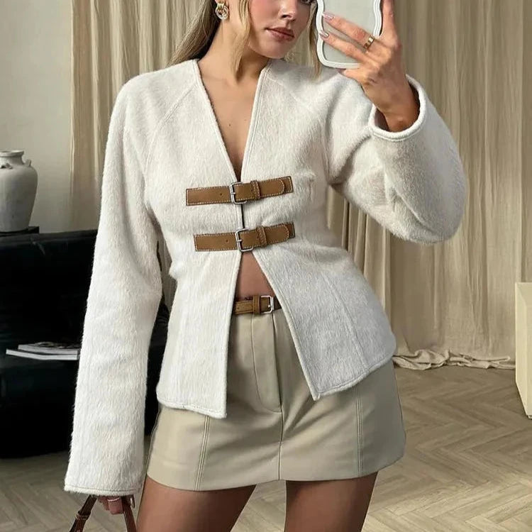 Woolen Buckle V-Neck Coat