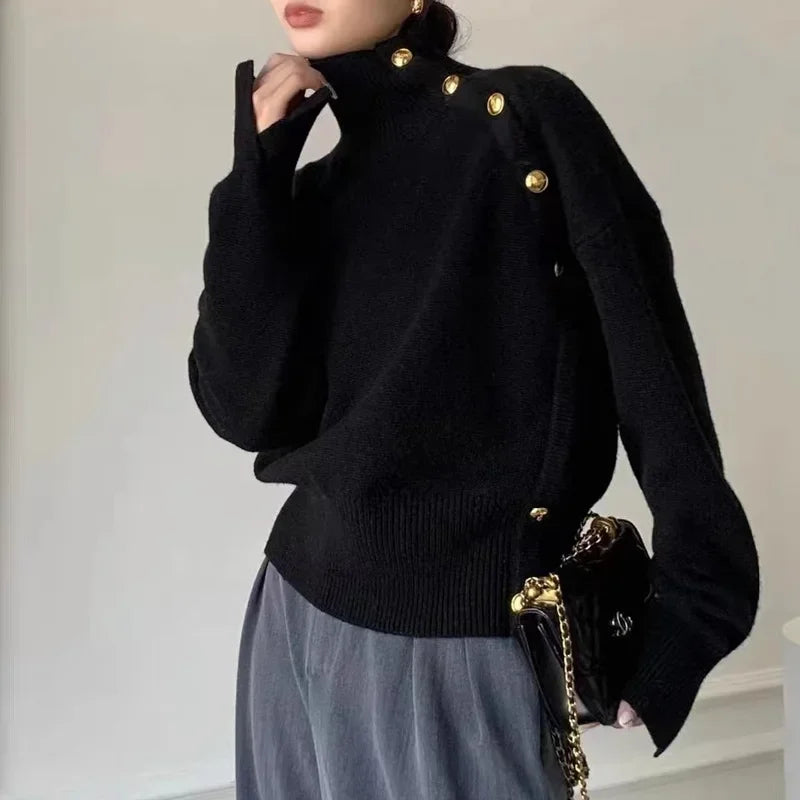 White Polo Turtle Neck Sweater - Women's High-End Wool Knitted Top for Autumn/Winter Comfort