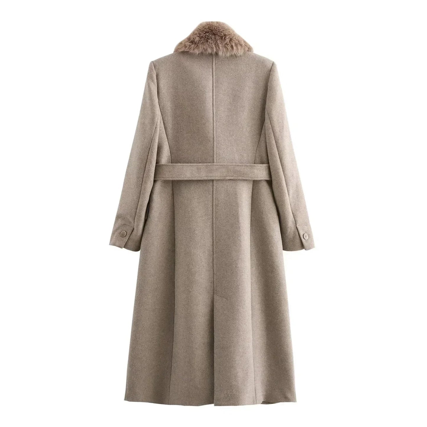Elegant Wool Blend Long Coat - Faux Fur Collar, Belted French Chic Winter Overcoat for Women 2024