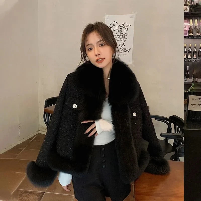 Elegant Faux Fur Tweed Coat – Women’s Stylish Winter Outerwear with Warm Faux Fur Trim