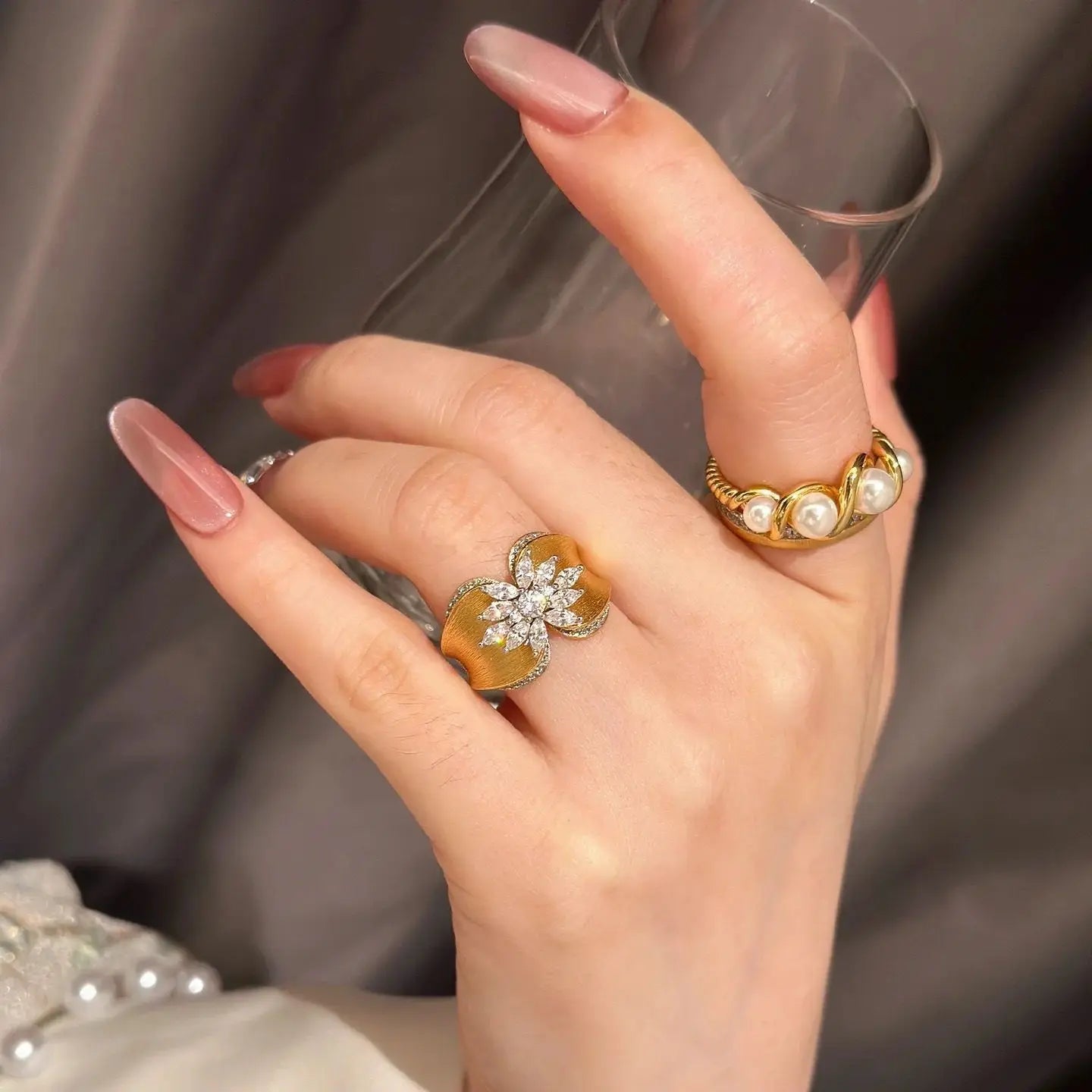 French Style Gold Zircon Ring - Retro Wire Craft Jewelry with Inlaid White Zircon, Gold Finish for Women