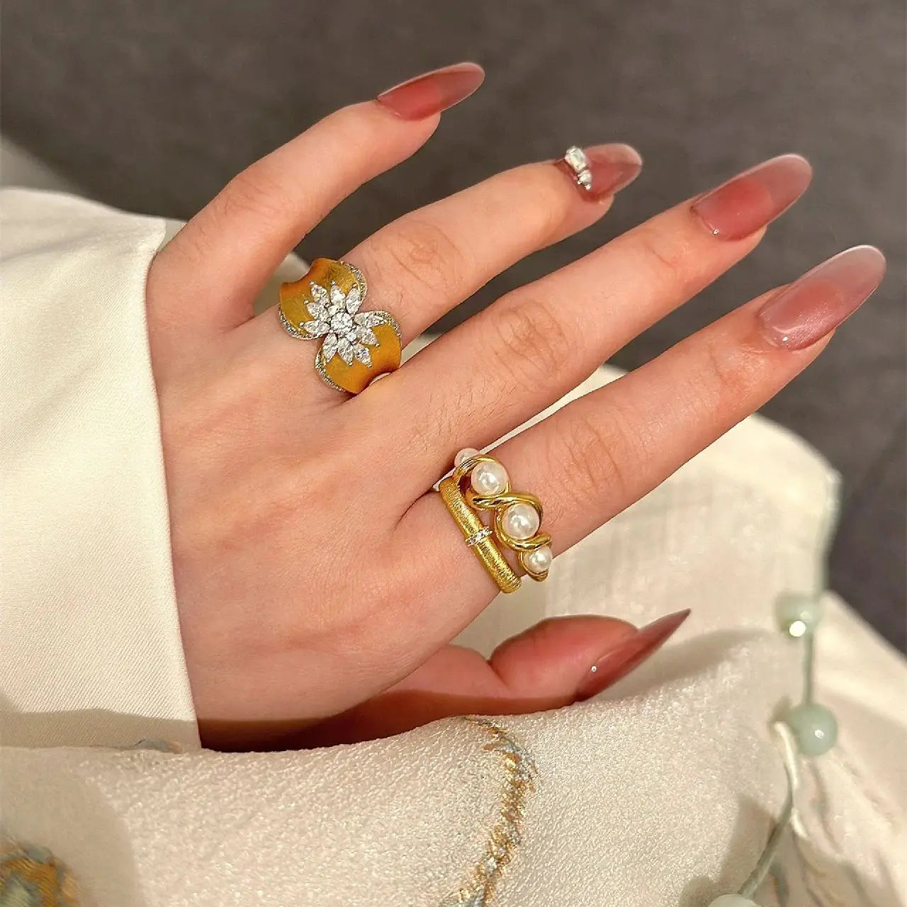 French Style Gold Zircon Ring - Retro Wire Craft Jewelry with Inlaid White Zircon, Gold Finish for Women