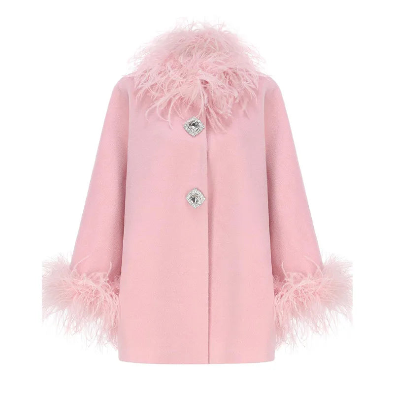 Elegant Feather Collar Cape Coat - Single-Breasted Autumn Outerwear for Women