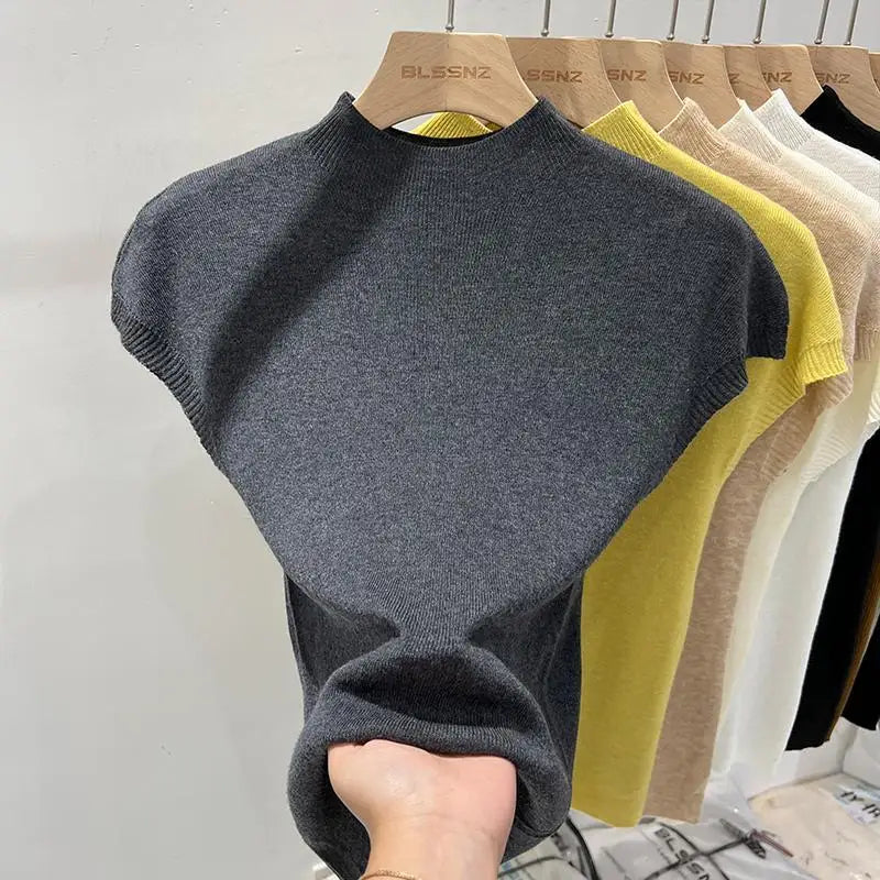 Semi-High Neck Knit Sleeveless Top for Women