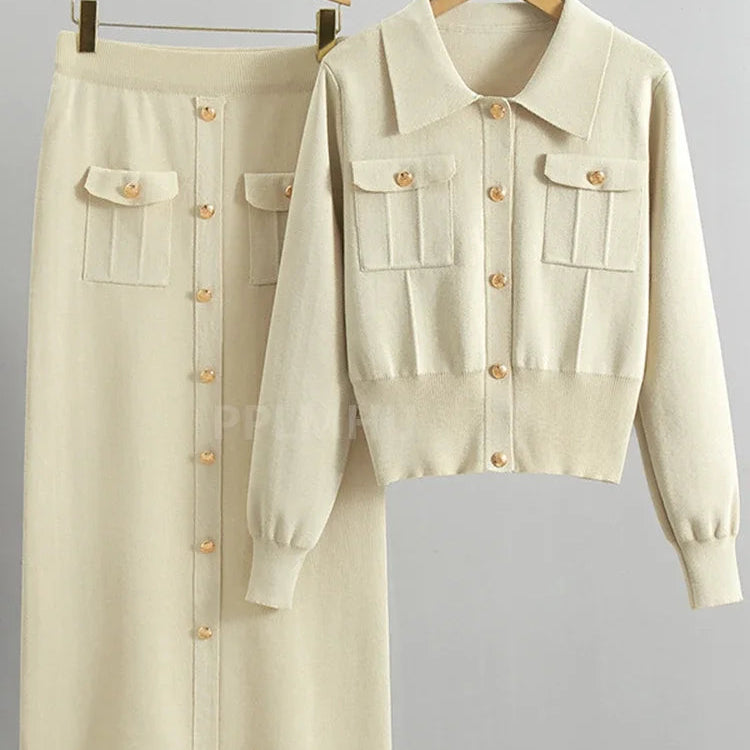 Korean Bodycon Knit Skirt Set with Polo Collar Cardigan