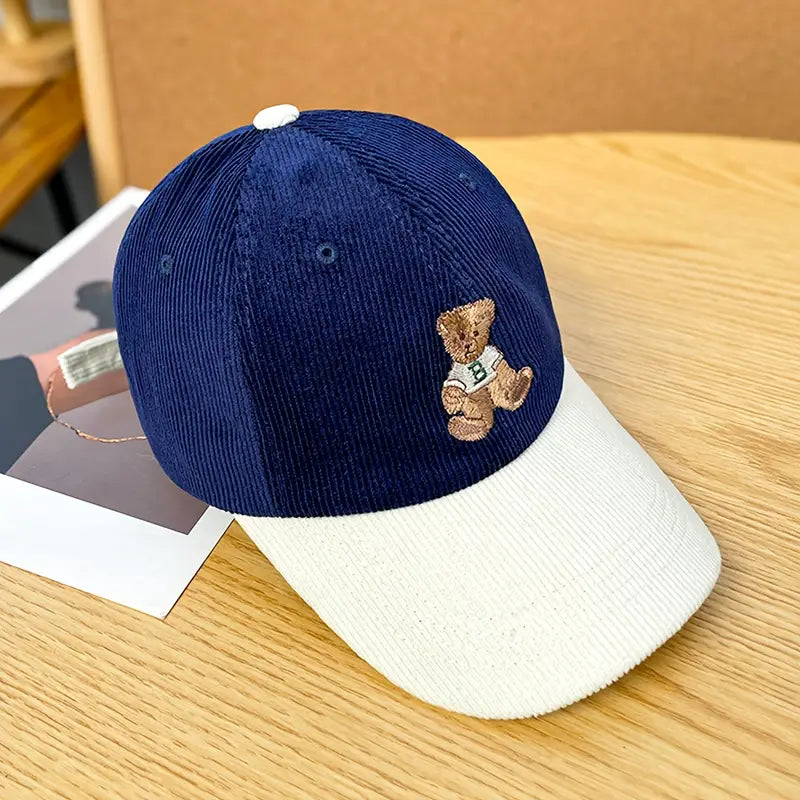 Anime Bear Embroidered Cotton Corduroy Baseball Cap for Women - Adjustable Casual Hat with Drawstring, Lightweight and Comfortable