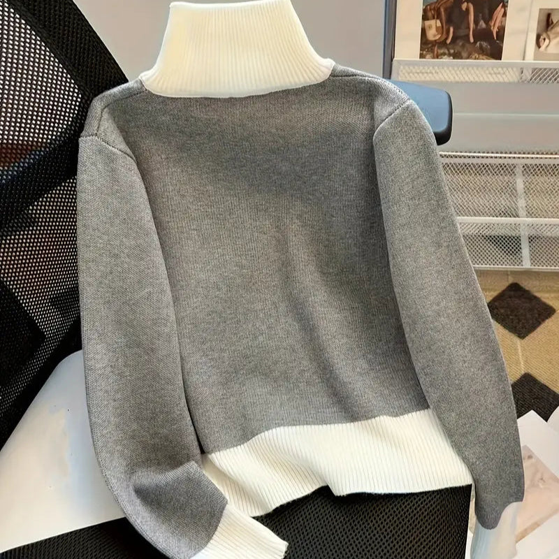 Color Block Zip-Up Knit Cardigan for Women – Stylish Turtle Neck Long Sleeve Sweater for Fall & Winter