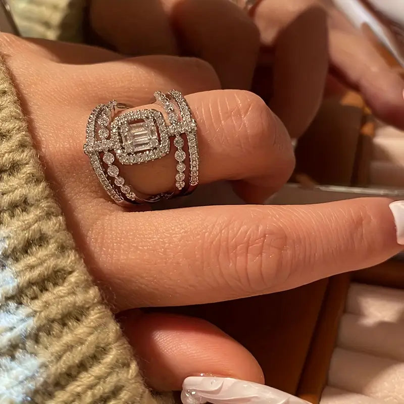 Vintage Inlaid Square Zirconia Ring - Sparkling Double-Sided Hollow Wide Ring for Ladies
