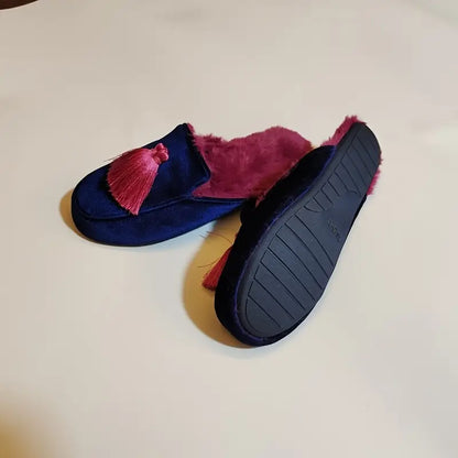 Honey Girl Princess Style Velvet House Slippers with Hand-Stitched Tassel – Cozy Winter Indoor Footwear