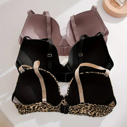 3pcs Plus Size Everyday Bras - Breathable Nylon Blend Underwire Bra Set with Leopard and Solid Colors