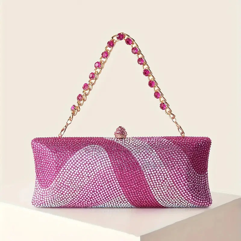 Sparkling Rhinestone Petite Clutch - Evening Bag with Detachable Wrist Strap and Long Chain