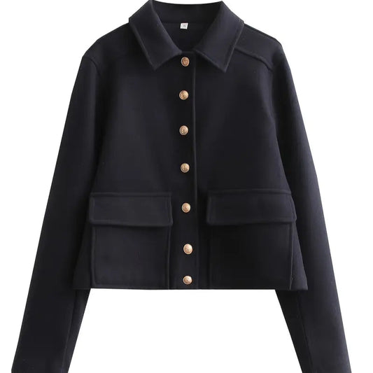 Vintage French Style Button-Up Short Jacket with Large Pockets for Women - Seasonal Outerwear