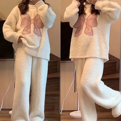 Women’s Butterfly Coral Fleece Pajama Set - Warm Long Sleeve Pullover and Pants Sleepwear