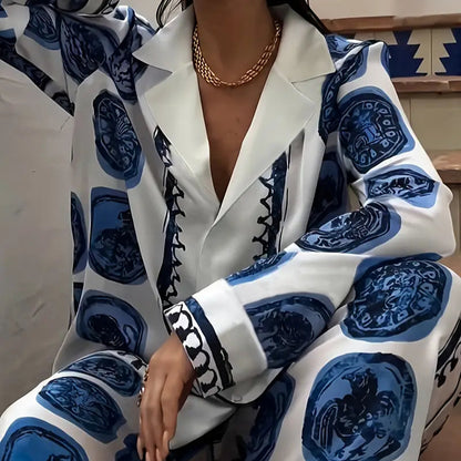 Blue Abstract Print Two-Piece Pants Set – Fashionable and Chic Women’s Outfit