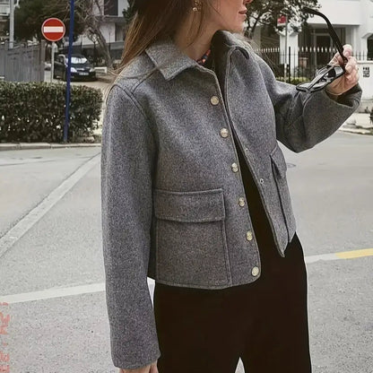 Vintage French Style Button-Up Short Jacket with Large Pockets for Women - Seasonal Outerwear