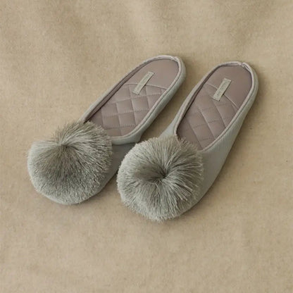 Women’s Velvet Pom-Pom Satin Slippers - Solid Color, Slip-On, All-Season Comfort, Machine Washable