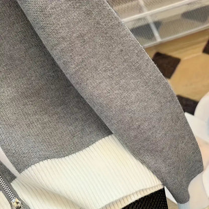 Color Block Zip-Up Knit Cardigan for Women – Stylish Turtle Neck Long Sleeve Sweater for Fall & Winter