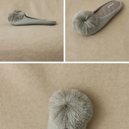 Velvet Pom-Pom Satin Slippers