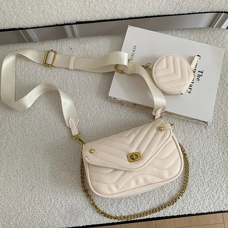 Honey Girl Quilted Shoulder Bag - Geometric Faux Leather Crossbody with Chain Strap and Rivet Details